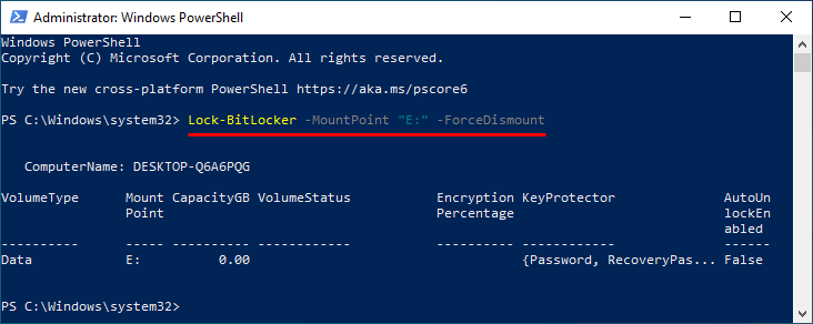 lock BitLocker drive with powershell