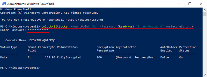 unlock BitLocker drive with powershell