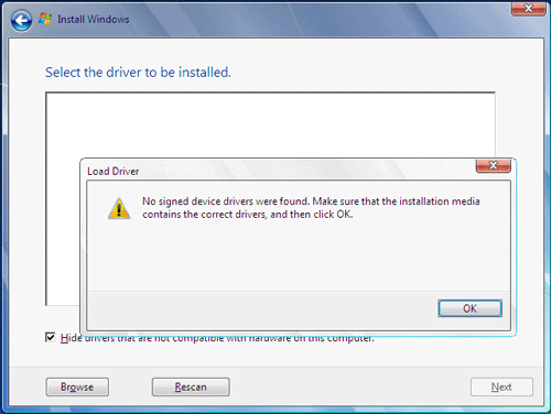 Windows 7 installation with no device drivers detected