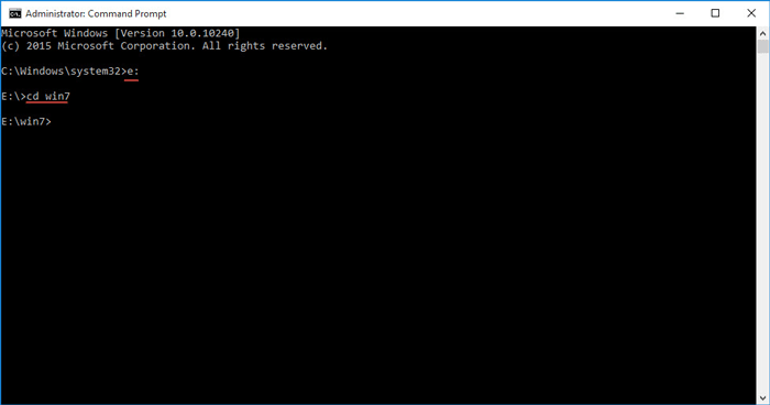 Switching to E:\win7 directory in Command Prompt