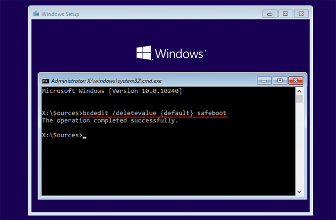 exit safe mode with command