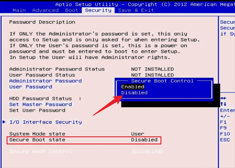 disable Secure Boot option