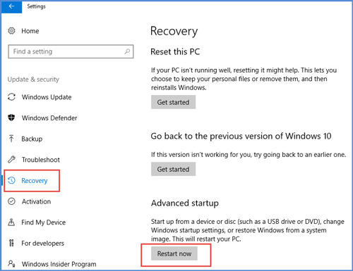 Access Windows Recovery Environment via Settings