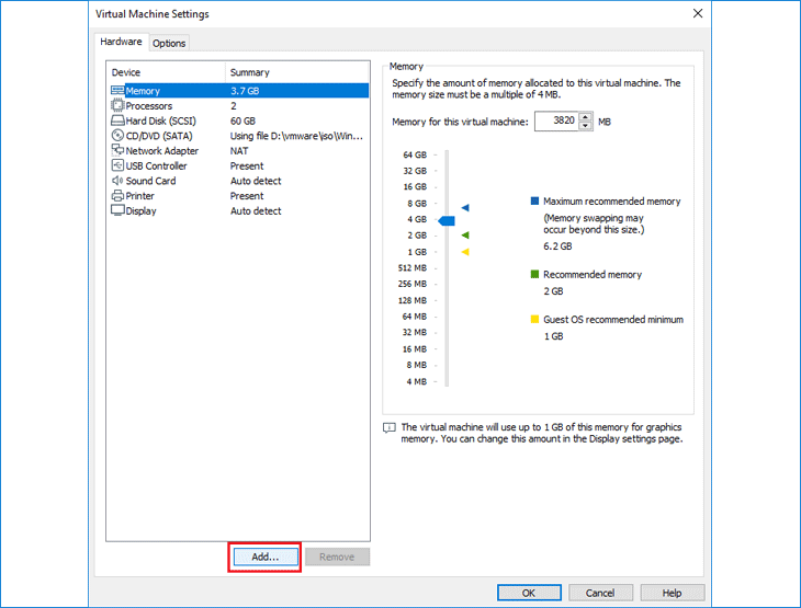 Add a new device in VMware Workstation