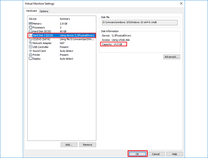 Confirm the new hard disk in Virtual Machine Settings
