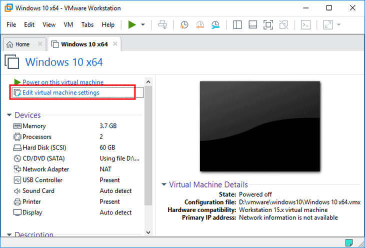 Edit virtual machine settings in VMware Workstation
