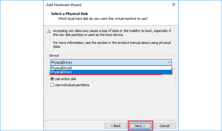 Select the USB drive as the physical disk