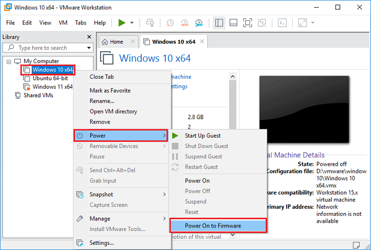 Power on the virtual machine to firmware