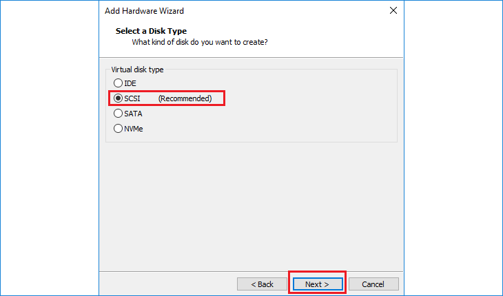 Choose SCSI as the disk type