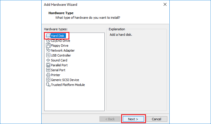 Select Hard Disk in VMware Workstation