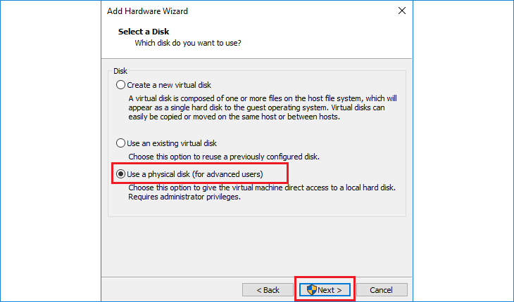 Use a physical disk for the virtual machine