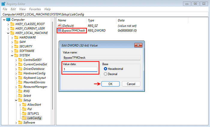 Name the value BypassTPMCheck and set its value data to 1