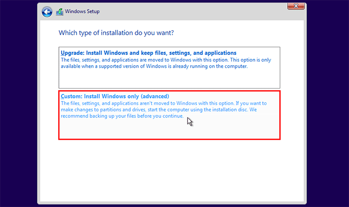Choose Install Windows only