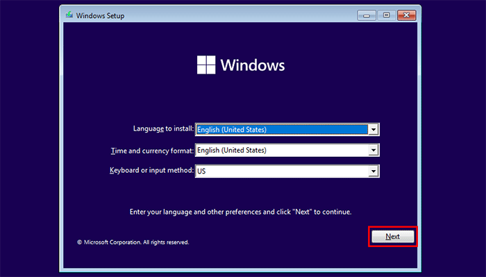 Choose language and keyboard and click Next