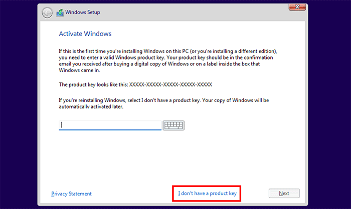 Click I don't have a product key