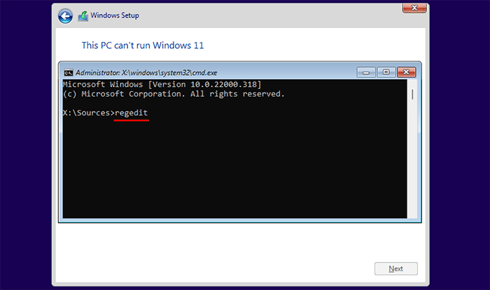Press Shift + F10 to open CMD and type regedit