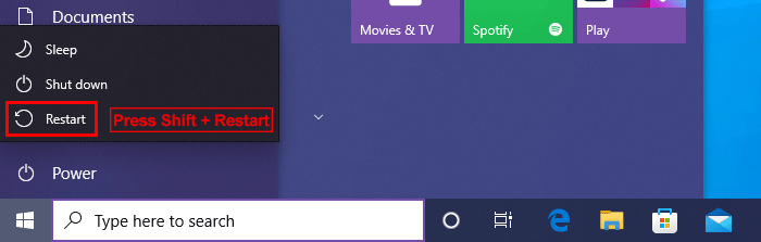Press Shift and Restart together