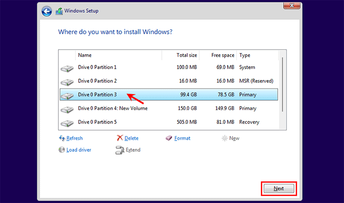 Select partition to install Windows 11
