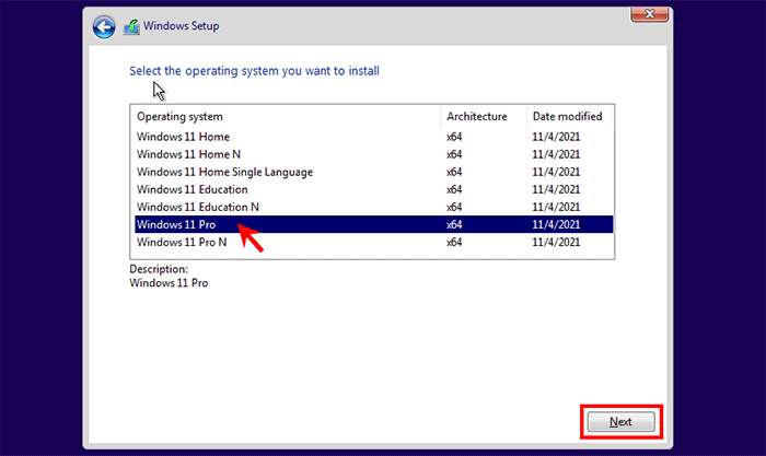 Select Windows 11 edition to install