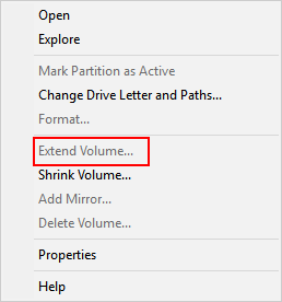 Extend Volume is greyed out
