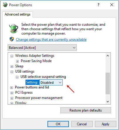 Disable usb selective suspend setting