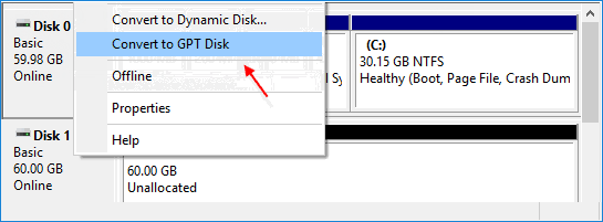 Convert to a GPT disk
