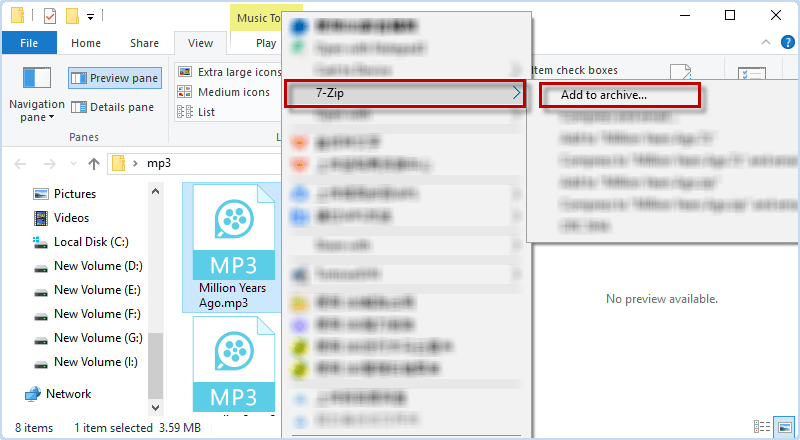 add mp3 file to 7-Zip