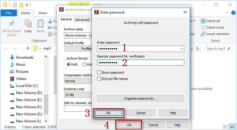 enter password for mp3 audio file in WinRAR
