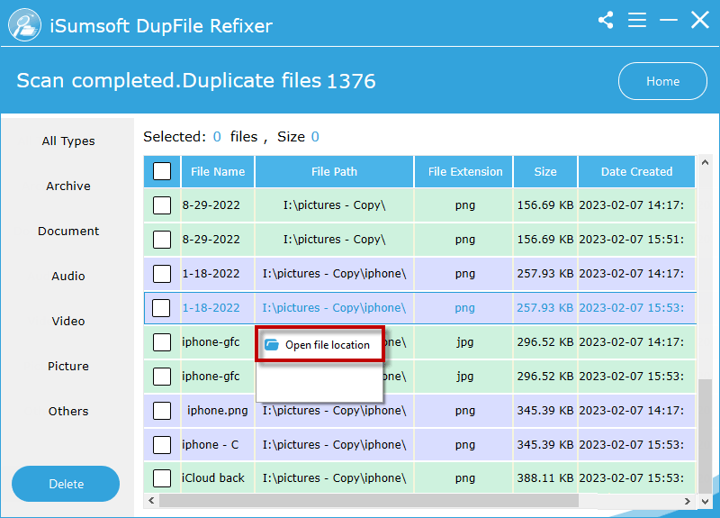 right-click duplicate files and click Open file location