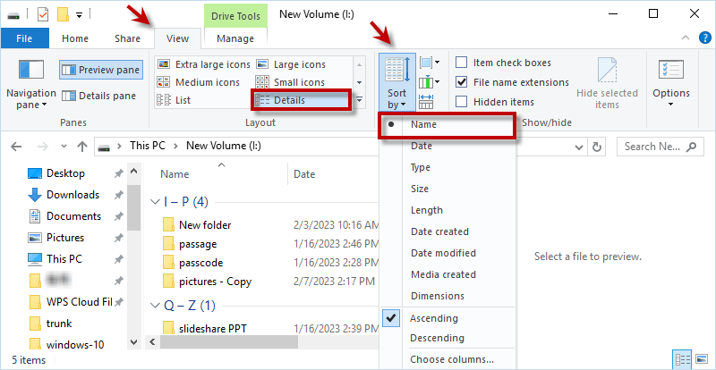 choose view> details . Click Sort by option and choose Name.