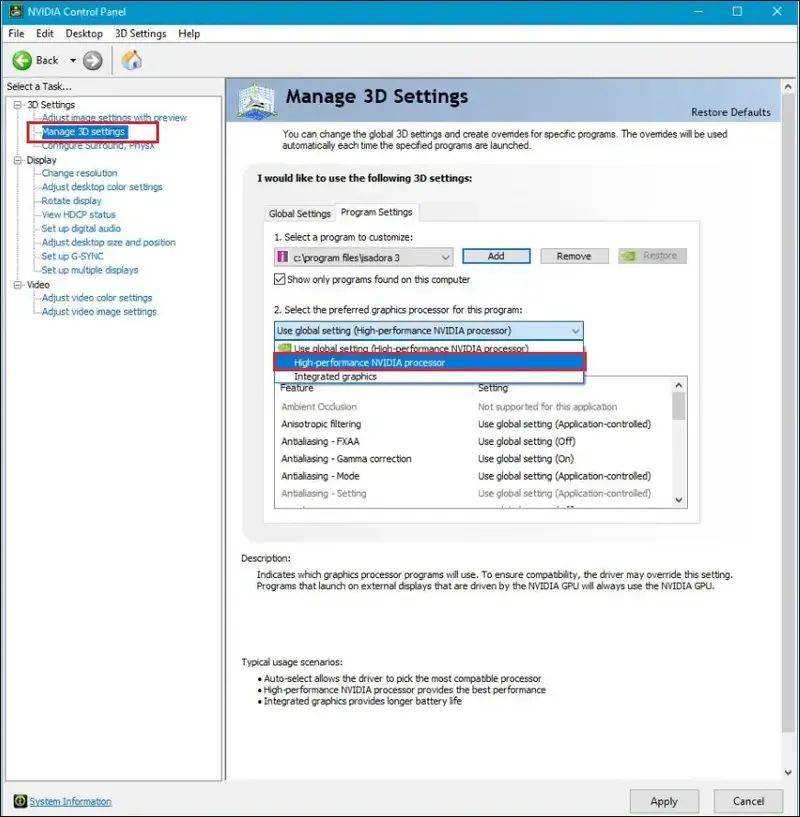 Check high performance on NVIDIA pannel