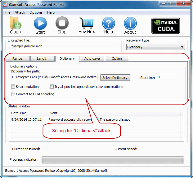 settings for dictionary attack