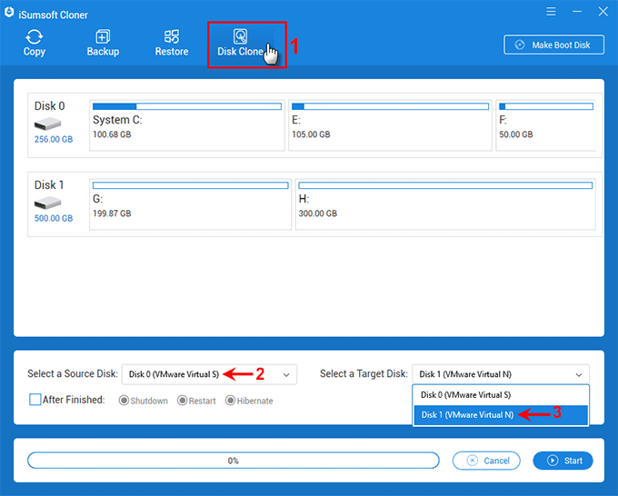 select source disk and target disk