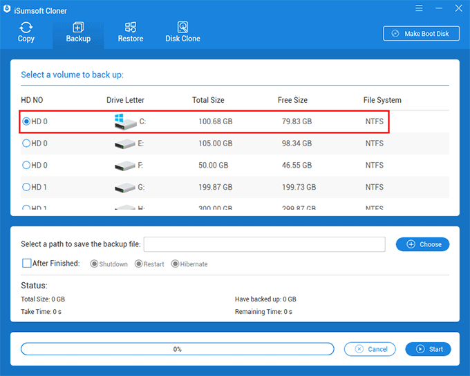 select volume to backup