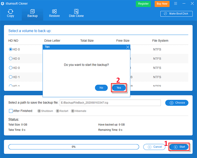 click Start to start backing up