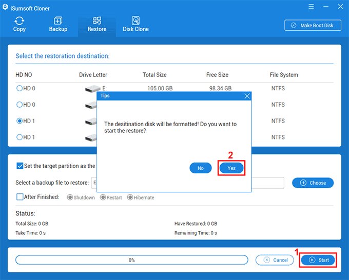 click Start to restore backup