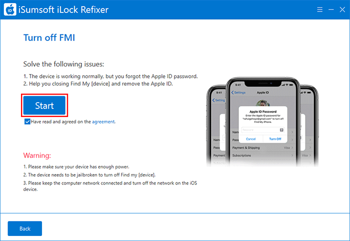 click Start to start turning off FMI