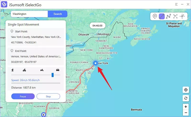 Simulating movement along the route between two points
