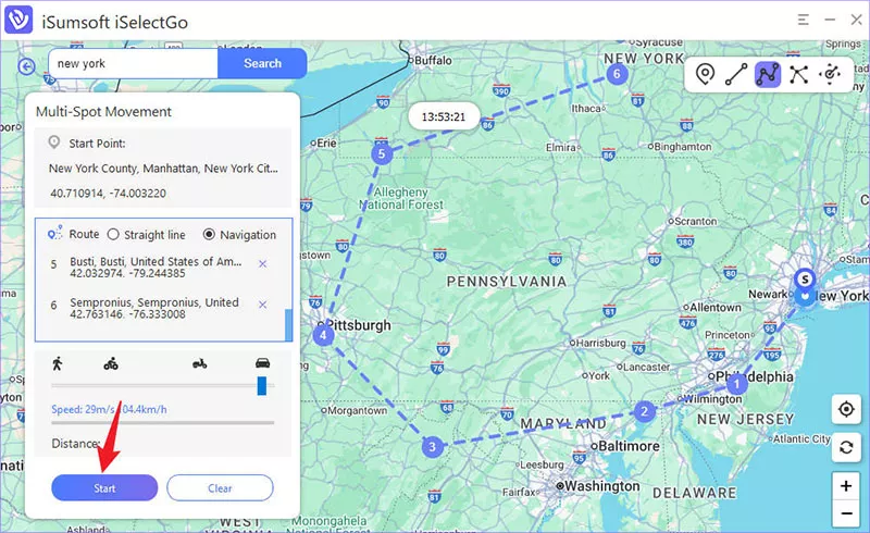 click Start to start simulating movment along multiple points