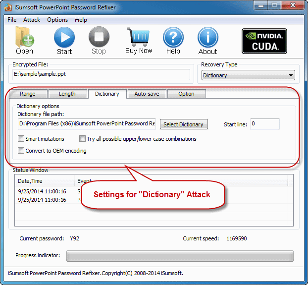 settings for dictionary attack