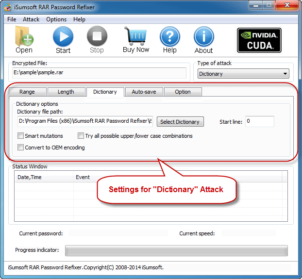 settings for dictionary attack