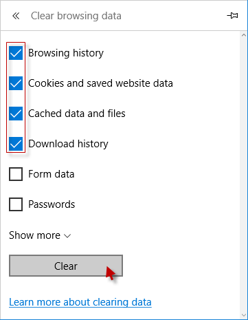 Clear Browsing Data in Edge