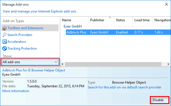 Disable add-ons for IE browser