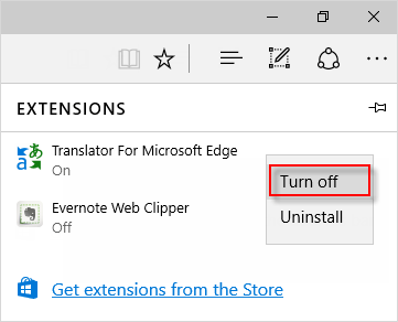 Turn off Extensions in Microsoft Edge