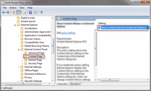 Show Content Advisor on Internet Options