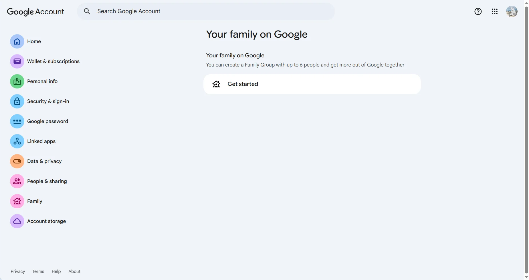 Google Account Family page showing no family group and a Get started button