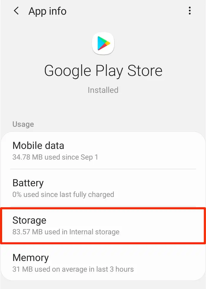 Google Play Store App info screen with the Storage option highlighted