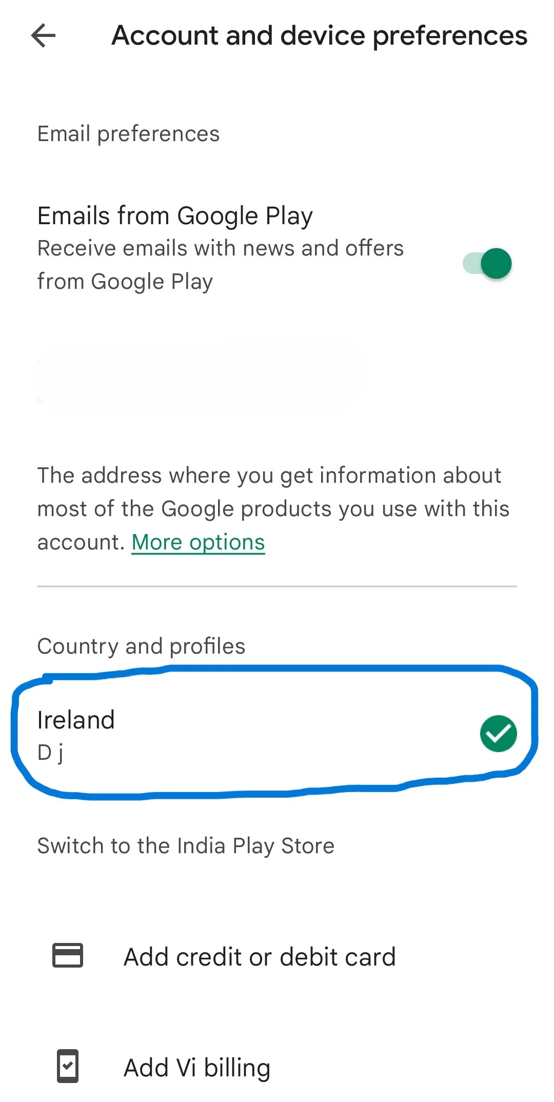 Country and profiles in Google Play Account and device preferences showing the currently selected country