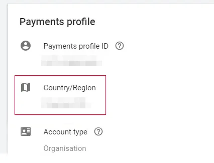 Google Payments profile settings showing the Country/Region field
