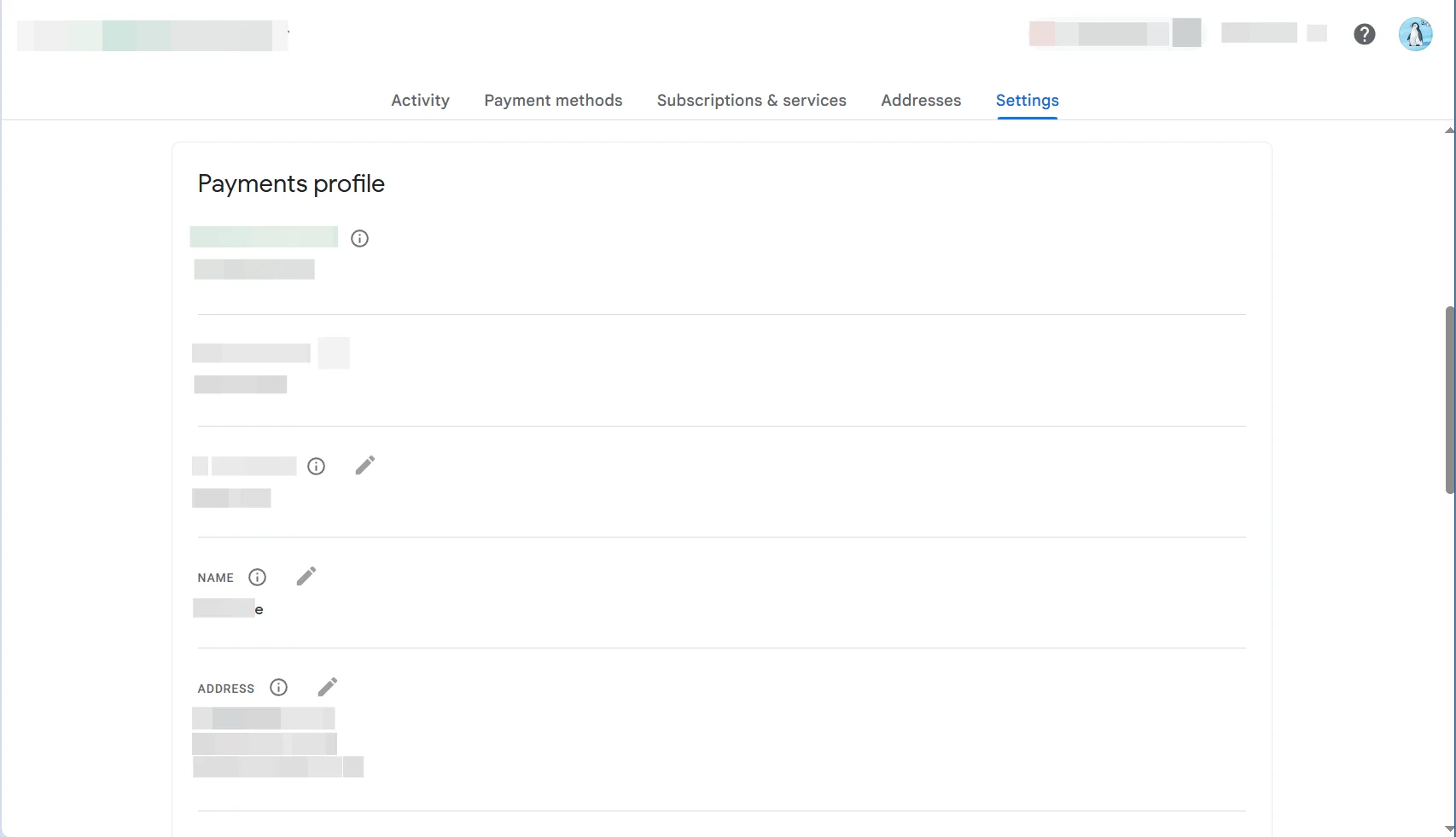 Google Payments Settings page listing Payments profile, Payment methods, Subscriptions and services, and Addresses